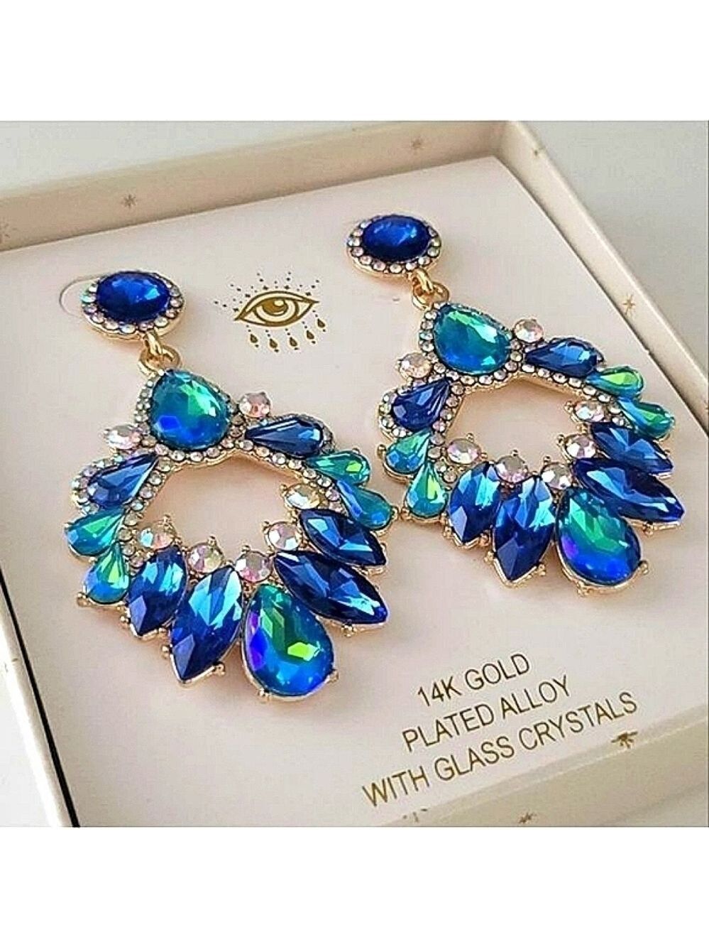 Eye Candy Earrings Luxe Blue Green Gold Plated Glass Crystals Earrings #545